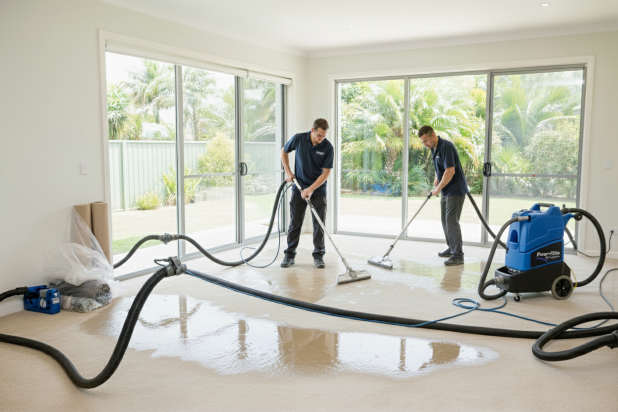Technicians extracting water from a residential carpet
